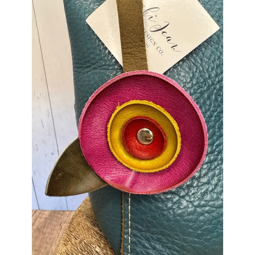 Genuine Leather Round Flower Purse Charm Fuchsia Pink Lime Red Boho Bag Charm
